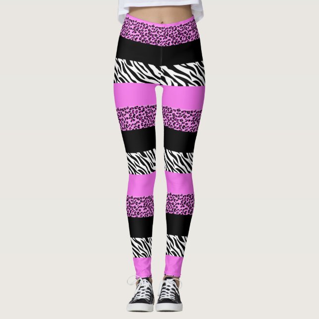 Leopard Print, Zebra tryck, Animal Print, Rosa Leggings (Framsida)