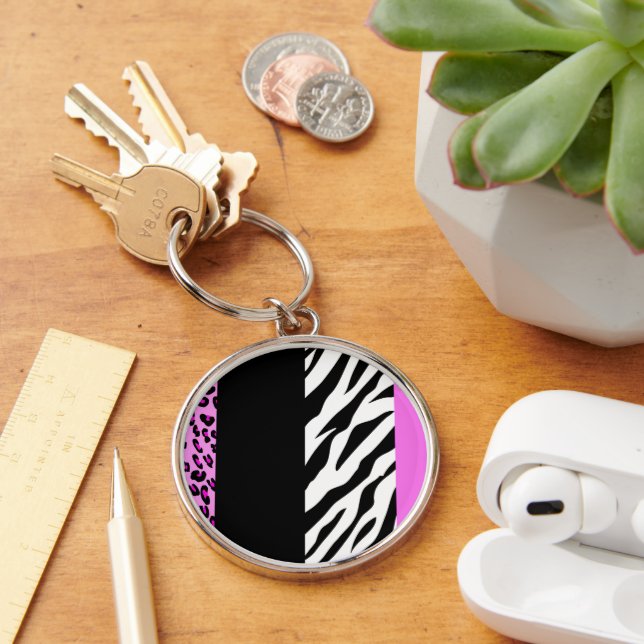 Leopard Print, Zebra tryck, Animal Print, Rosa Rund Silverfärgad Nyckelring (Skrivbord)