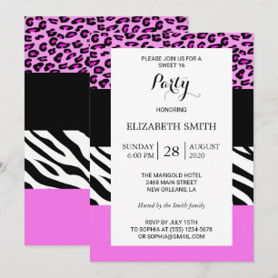 Leopard Print, Zebra tryck, Animal Print, Sweet 16 Inbjudningar