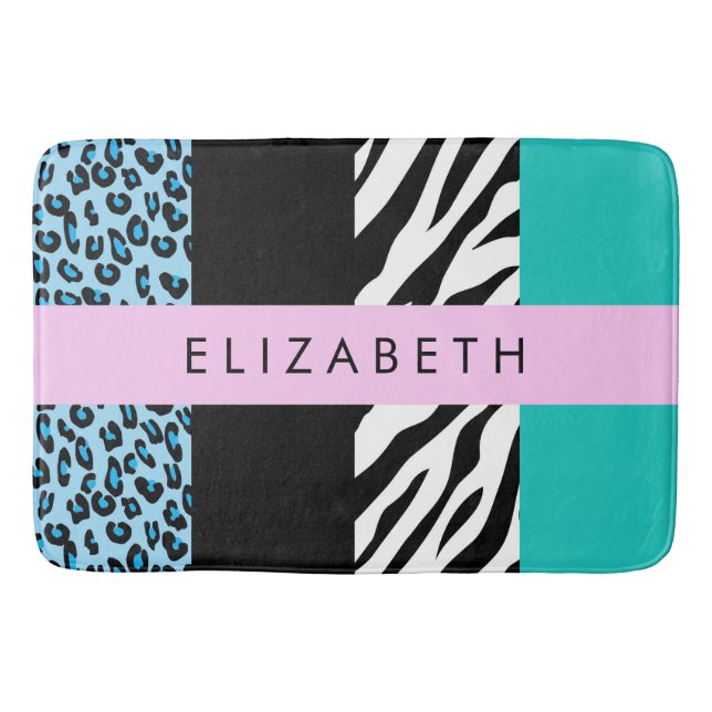Leopard Print, Zebra tryck, Blue, Ditt namn Badrumsmatta (Framsidan)