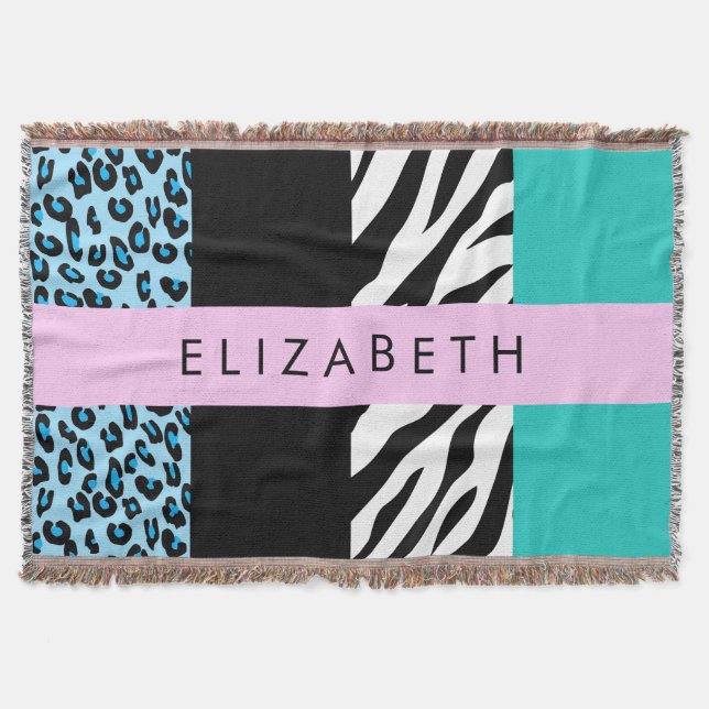 Leopard Print, Zebra tryck, Blue, Ditt namn Filt (Framsidan)