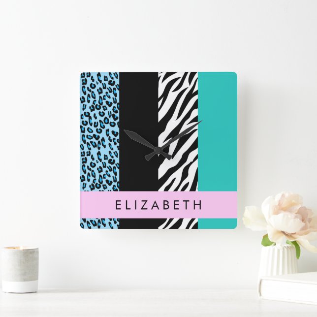 Leopard Print, Zebra tryck, Blue, Ditt namn Fyrkantig Klocka (Hem)