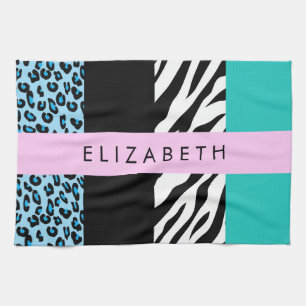 Leopard Print, Zebra tryck, Blue, Ditt namn Kökshandduk