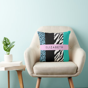Leopard Print, Zebra tryck, Blue, Ditt namn Kudde