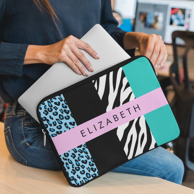 Leopard Print, Zebra tryck, Blue, Ditt namn Laptop Fodral (Skapare uppladdad)