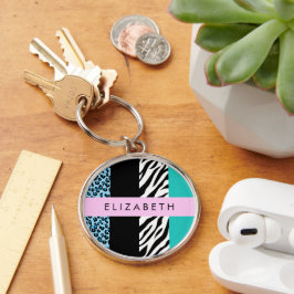 Leopard Print, Zebra tryck, Blue, Ditt namn Rund Silverfärgad Nyckelring