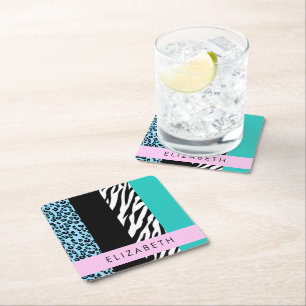 Leopard Print, Zebra tryck, Blue, Ditt namn Underlägg Papper Kvadrat