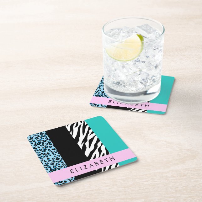 Leopard Print, Zebra tryck, Blue, Ditt namn Underlägg Papper Kvadrat (Insitu)