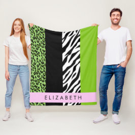 Leopard Print, Zebra tryck, Grönt, ditt namn Fleecefilt