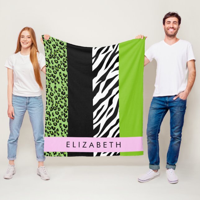 Leopard Print, Zebra tryck, Grönt, ditt namn Fleecefilt (På plats)