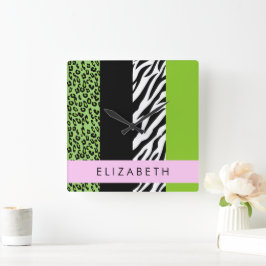 Leopard Print, Zebra tryck, Grönt, ditt namn Fyrkantig Klocka