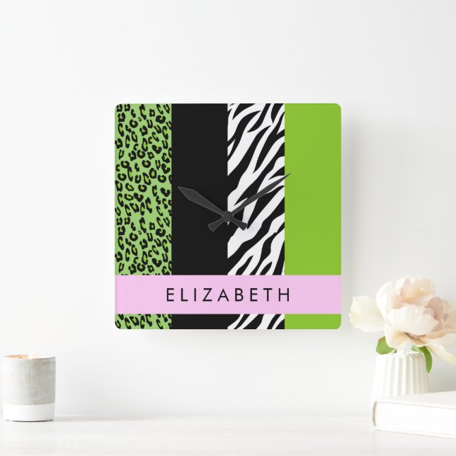 Leopard Print, Zebra tryck, Grönt, ditt namn Fyrkantig Klocka (Hem)