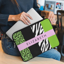 Leopard Print, Zebra tryck, Grönt, ditt namn Laptop Fodral