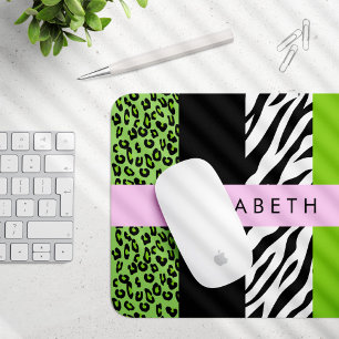 Leopard Print, Zebra tryck, Grönt, ditt namn Musmatta