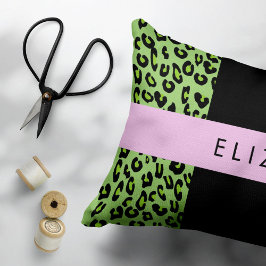 Leopard Print, Zebra tryck, Grönt, ditt namn Prydnadskudde