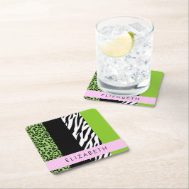 Leopard Print, Zebra tryck, Grönt, ditt namn Underlägg Papper Kvadrat