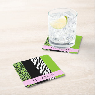 Leopard Print, Zebra tryck, Grönt, ditt namn Underlägg Papper Kvadrat