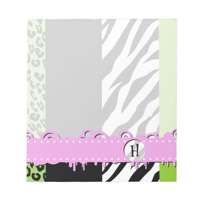 Leopard Print, Zebra tryck, Grönt, Monogram Anteckningsblock (Framsida)