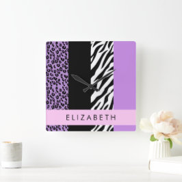 Leopard Print, Zebra tryck, Lila, ditt namn Fyrkantig Klocka