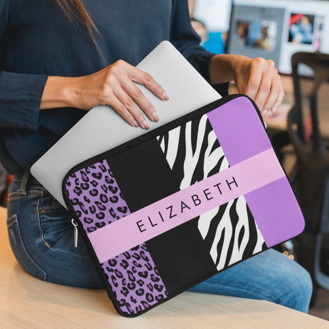 Leopard Print, Zebra tryck, Lila, ditt namn Laptop Fodral (Skapare uppladdad)