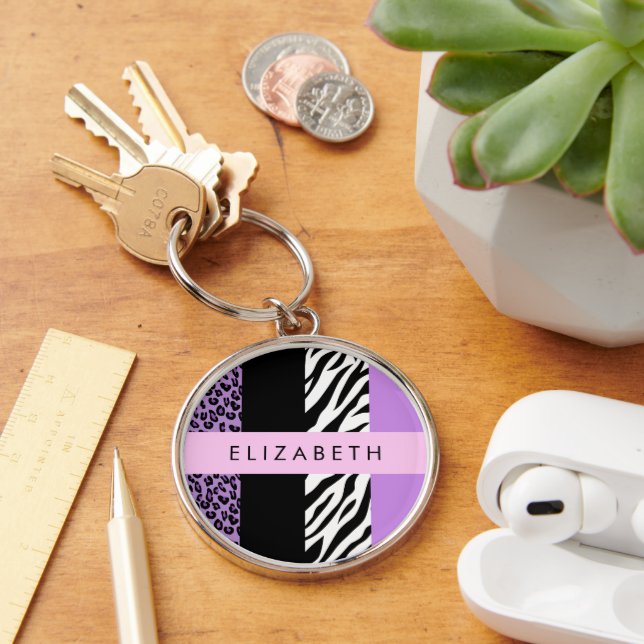 Leopard Print, Zebra tryck, Lila, ditt namn Rund Silverfärgad Nyckelring (Skrivbord)