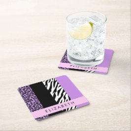 Leopard Print, Zebra tryck, Lila, ditt namn Underlägg Papper Kvadrat