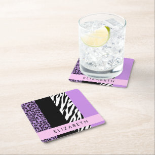 Leopard Print, Zebra tryck, Lila, ditt namn Underlägg Papper Kvadrat