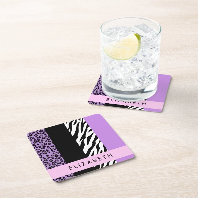 Leopard Print, Zebra tryck, Lila, ditt namn Underlägg Papper Kvadrat (Insitu)