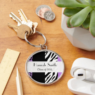Leopard Print, Zebra tryck, Lila, Studenten Rund Silverfärgad Nyckelring