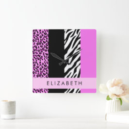 Leopard Print, Zebra tryck, Rosa, ditt namn Fyrkantig Klocka