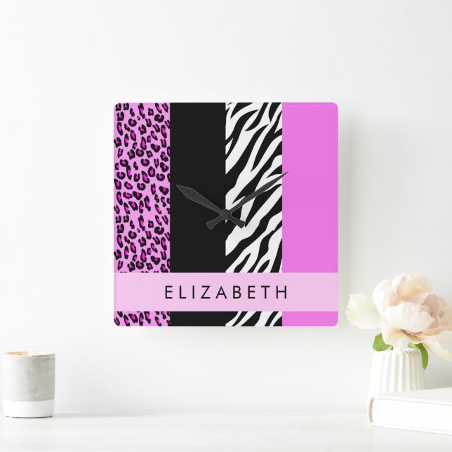 Leopard Print, Zebra tryck, Rosa, ditt namn Fyrkantig Klocka (Hem)