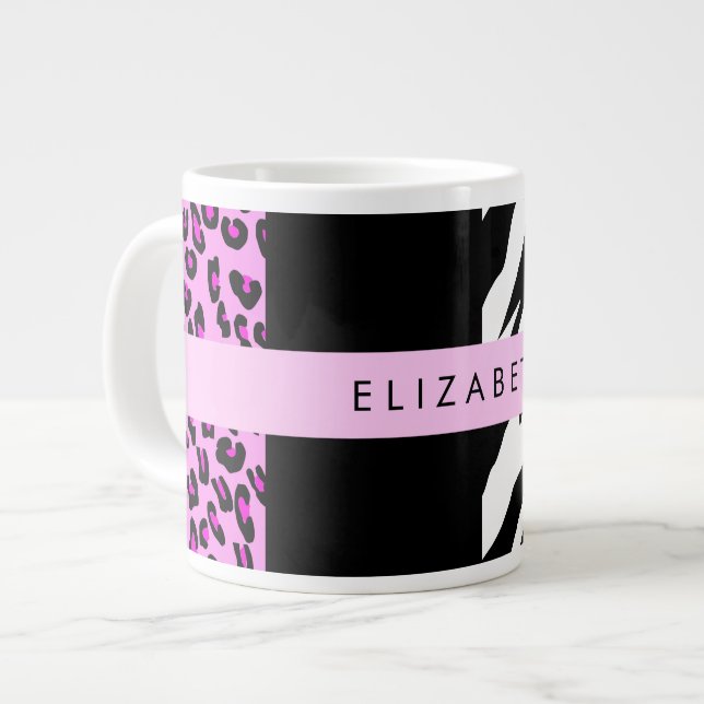 Leopard Print, Zebra tryck, Rosa, ditt namn Jumbo Mugg (Framsida vänster)