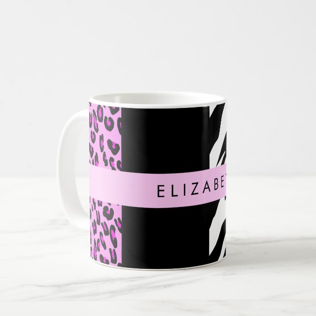 Leopard Print, Zebra tryck, Rosa, ditt namn Kaffemugg (Framsida vänster)