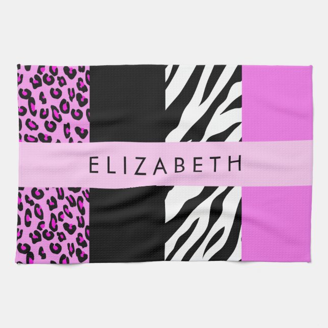 Leopard Print, Zebra tryck, Rosa, ditt namn Kökshandduk (Horisontell)