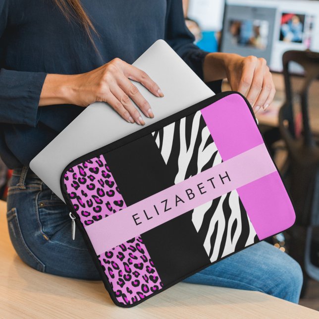 Leopard Print, Zebra tryck, Rosa, ditt namn Laptop Fodral (Skapare uppladdad)