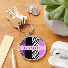 Leopard Print, Zebra tryck, Rosa, ditt namn Rund Silverfärgad Nyckelring