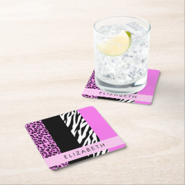 Leopard Print, Zebra tryck, Rosa, ditt namn Underlägg Papper Kvadrat