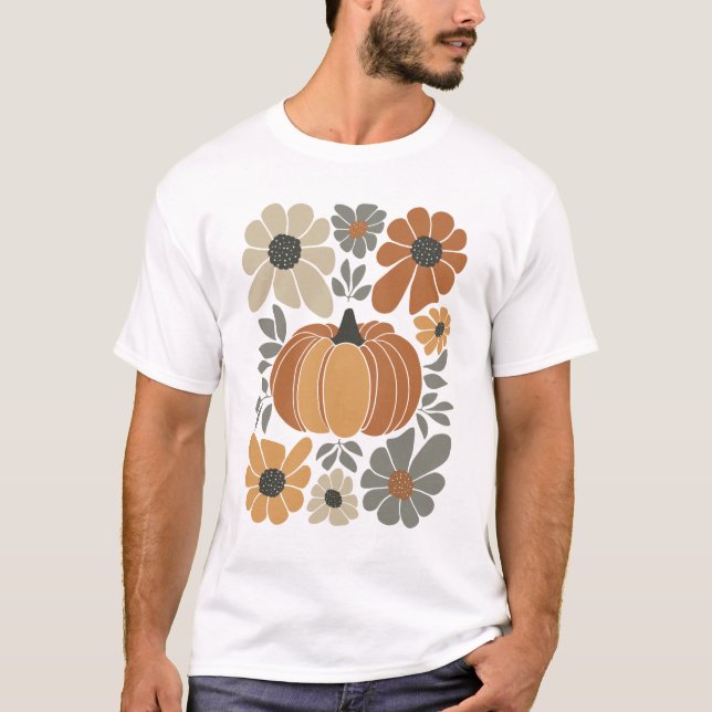 Leopard Pumpkin Blommigt Retro Fall Retro Autumn V T Shirt (Framsida)