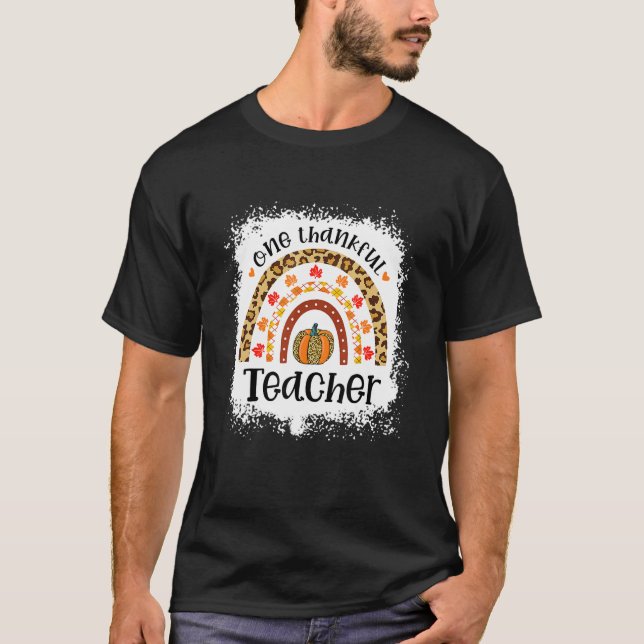 Leopard Pumpkin Fall Rainbow One Thankful Teacher T Shirt (Framsida)