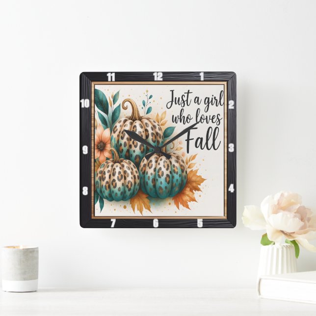 Leopard Pumpkin Girl Kärlek Fall Fyrkantig Klocka (Hem)