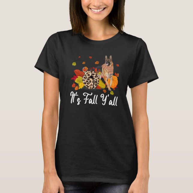 Leopard Pumpkin It's Fall Y'all Yellow German Shep T Shirt (Framsida)