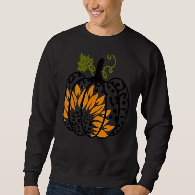 Leopard Pumpkin Solros Fall Autumn Halloween Th Lång Ärmad Tröja (Framsida)
