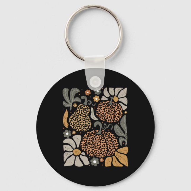 Leopard Pumpkin with Flowers Boho Blommigt Thanksg Nyckelring (Framsida)