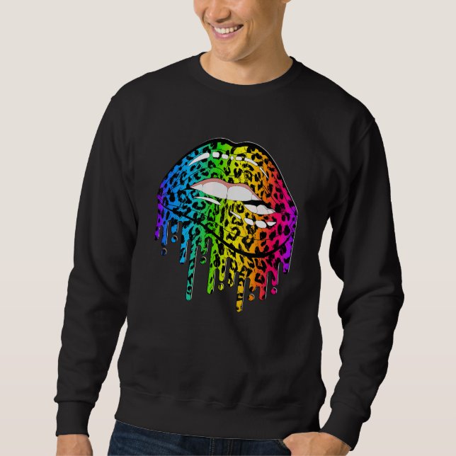 Leopard Rainbow Läppar Biting Sexy Coola Lgbt Gay  Lång Ärmad Tröja (Framsida)