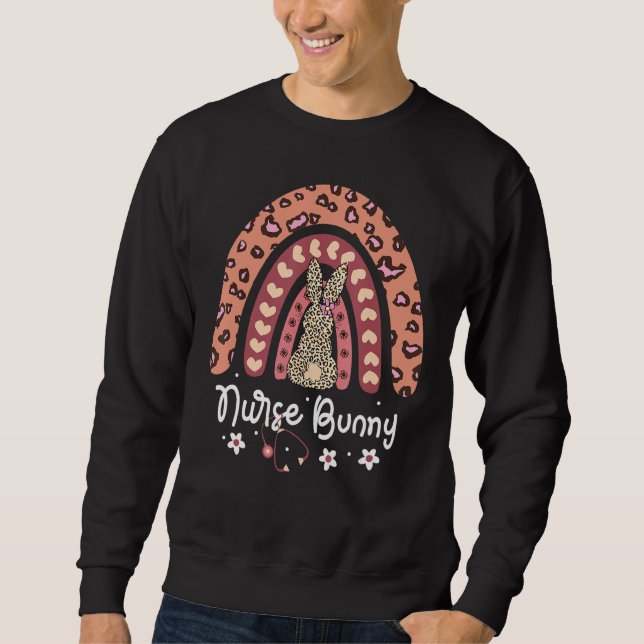 Leopard Rainbow Nurse Bunny SCrub Rn Icu Er Påsk Lång Ärmad Tröja (Framsida)