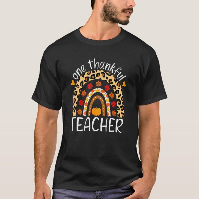 Leopard Rainbow One Thankful Teacher Thanksgiving  T Shirt (Framsida)