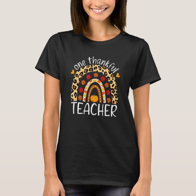 Leopard Rainbow One Thankful Teacher Thanksgiving  T Shirt (Framsida)