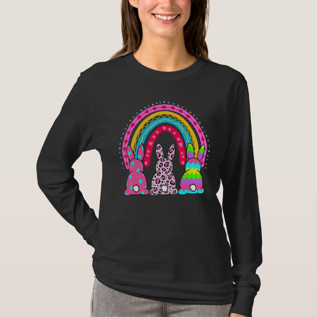 Leopard Rainbow Påskhare Rabbit Trio Cute Happ T Shirt (Framsida)