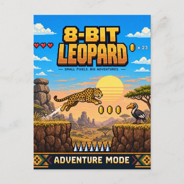 Leopard, Retro 8-Bit Pixel Art Vykort (Framsida)