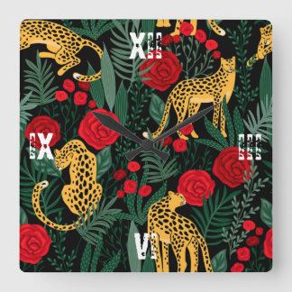 Leopard Röd ros Animal Safari Grönt Löv Fyrkantig Klocka